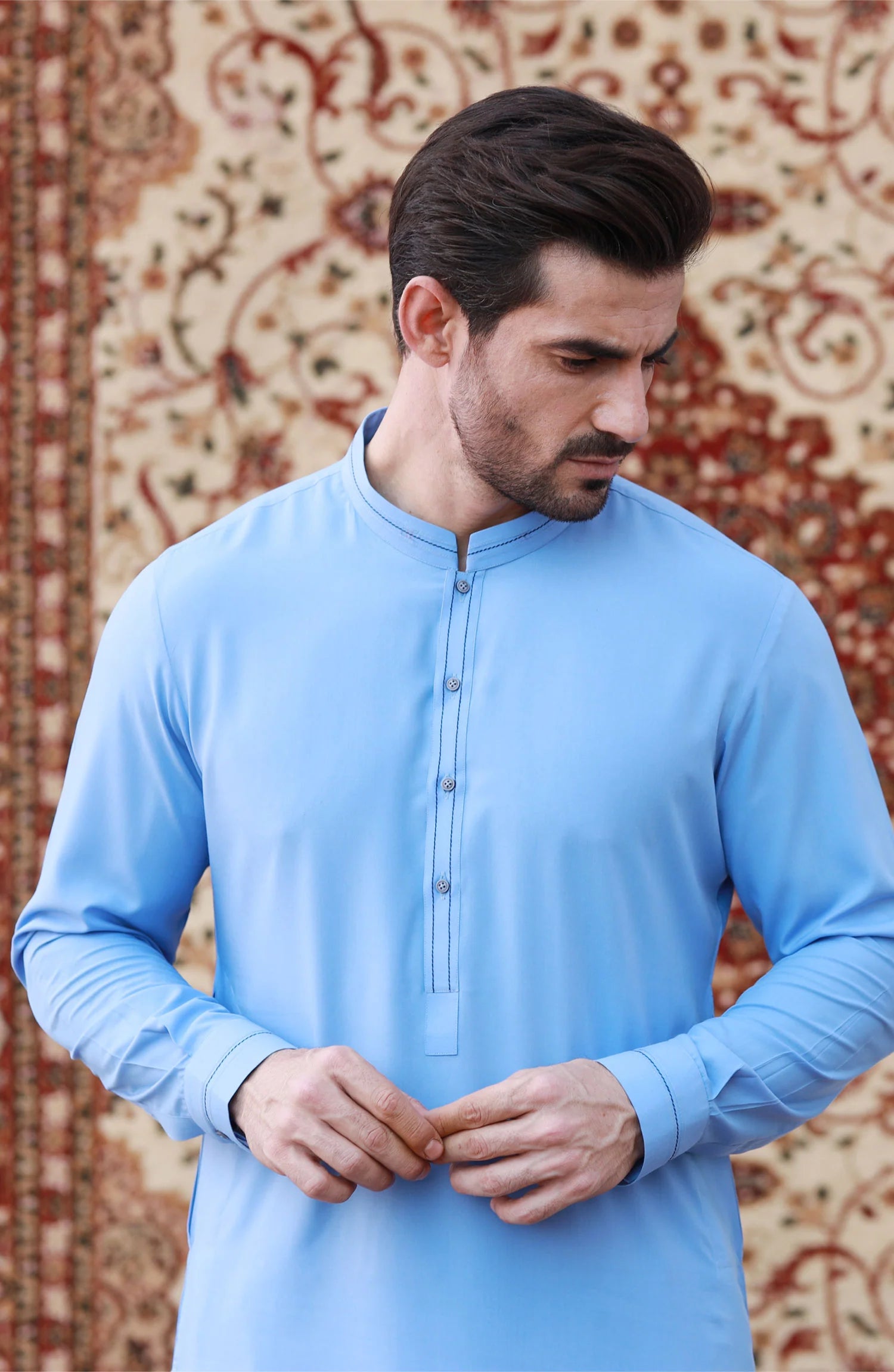 STITCHED SHALWAR WITH KAMEEZ WITH BAN - SKY BLUE DN-0011