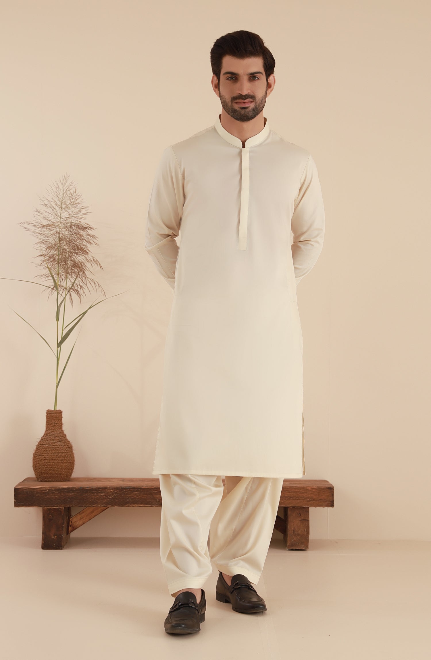 STITCHED KURTA WITH SHALWAR WITH BAN - BEIGE DN-004