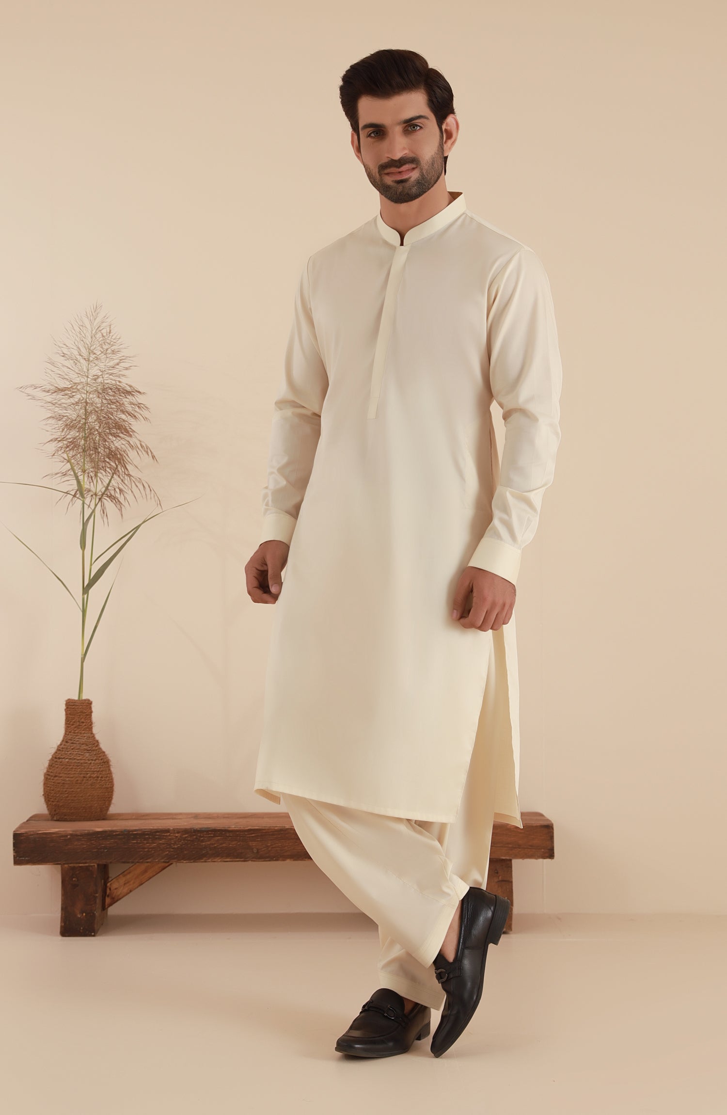 STITCHED KURTA WITH SHALWAR WITH BAN - BEIGE DN-004