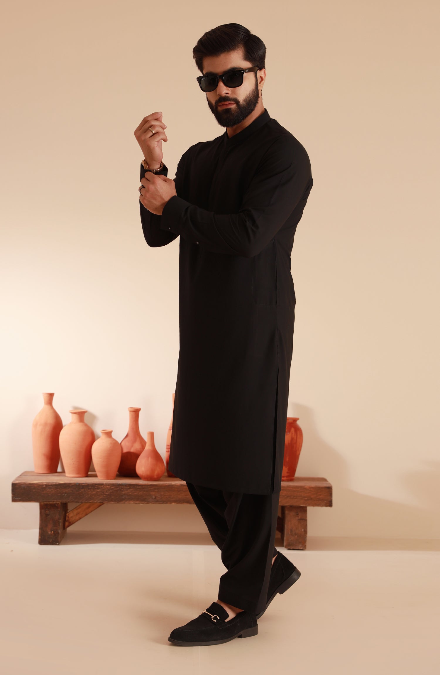 STITCHED KURTA WITH SHALWAR WITH BAN - PLAIN BLACK DN-006