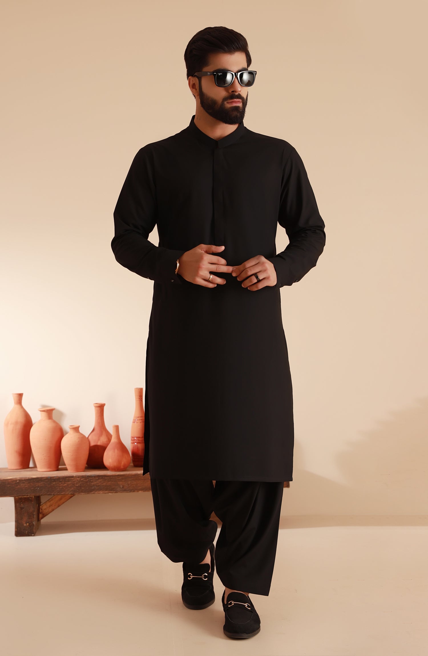 STITCHED KURTA WITH SHALWAR WITH BAN - PLAIN BLACK DN-006