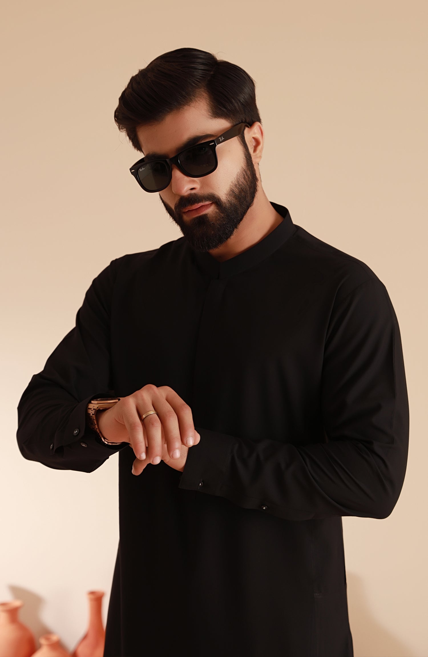 STITCHED KURTA WITH SHALWAR WITH BAN - PLAIN BLACK DN-006