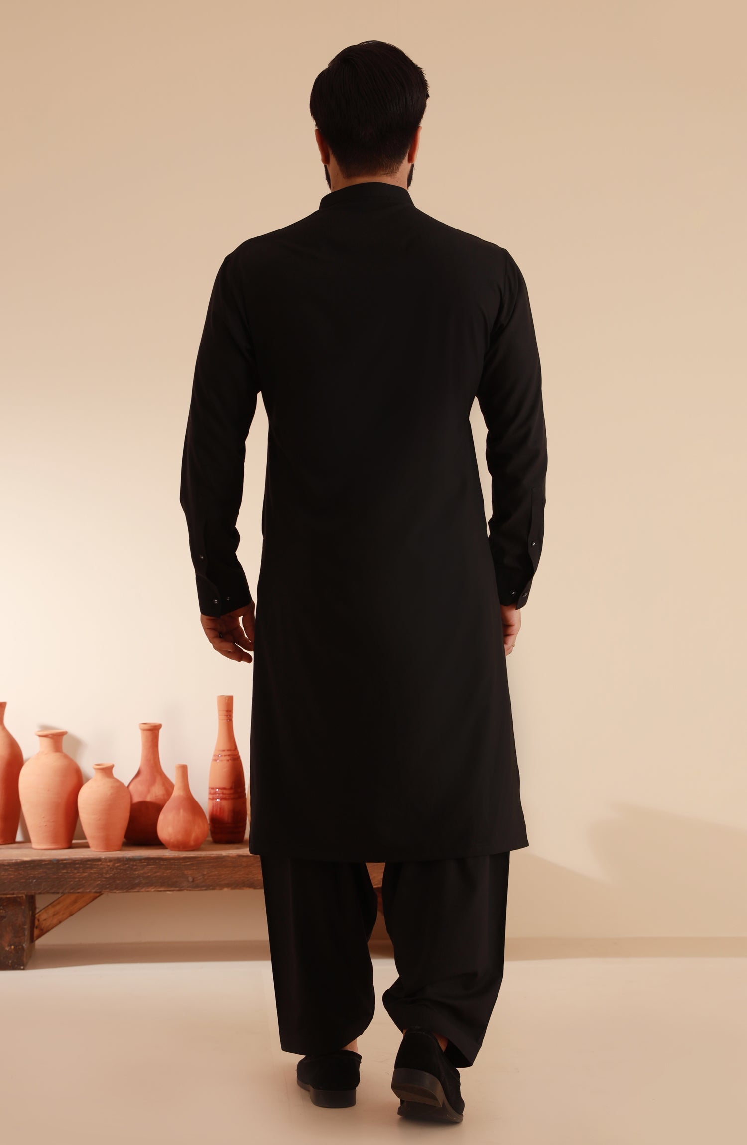 STITCHED KURTA WITH SHALWAR WITH BAN - PLAIN BLACK DN-006