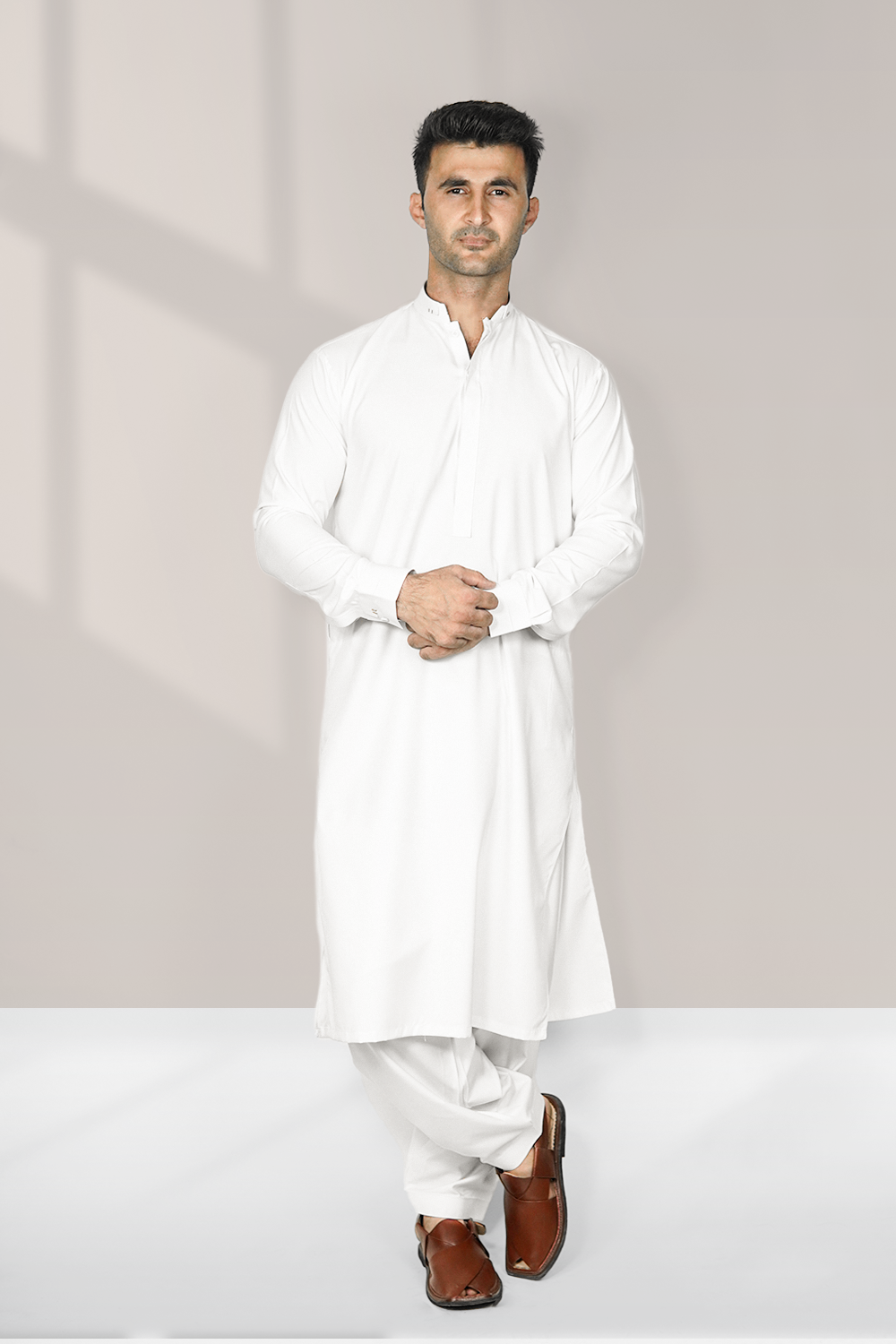 STITCHED SHALWAR WITH KAMEEZ WITH DOUBLE BAN - OFF WHITE DN-0018