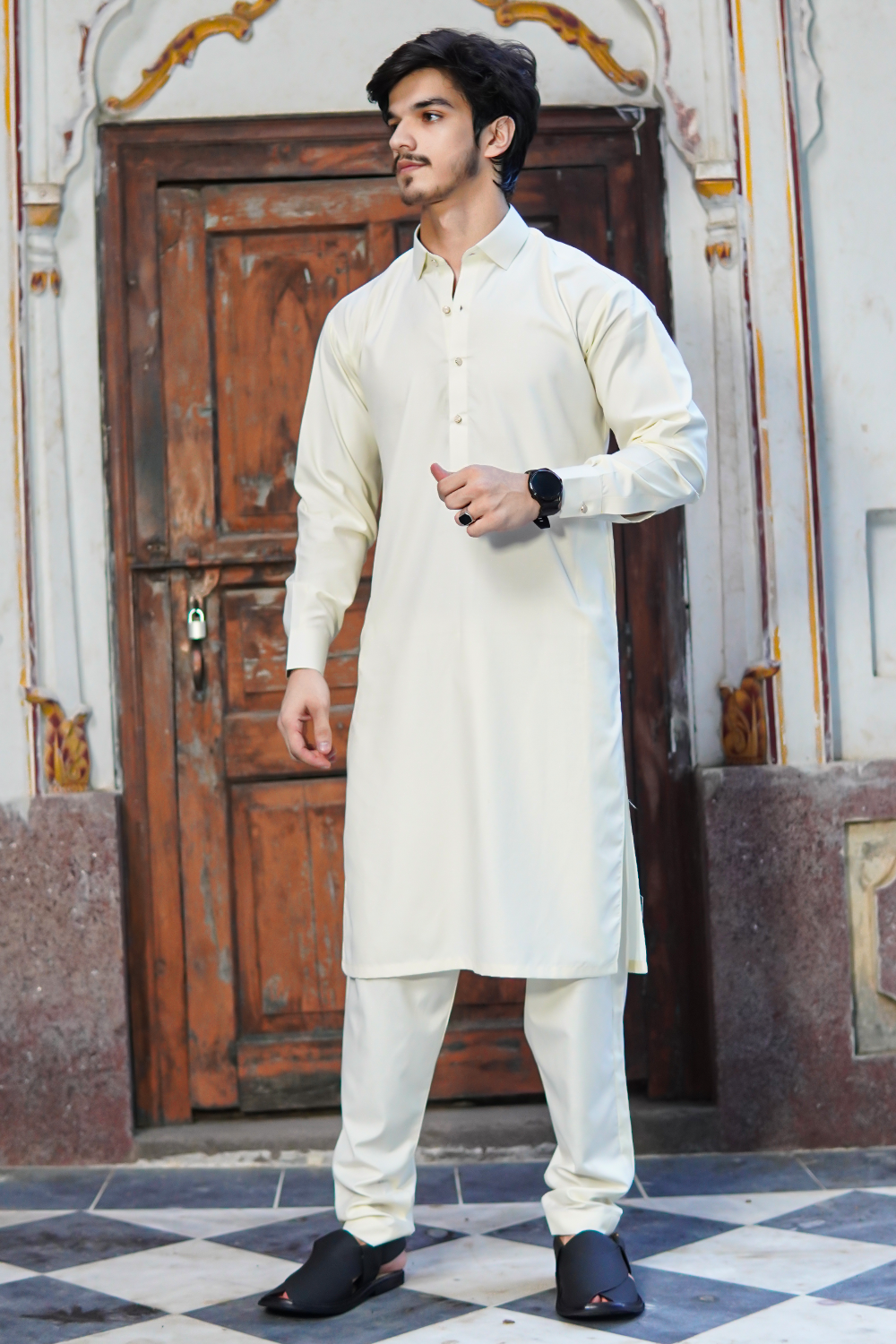 STITCHED SHALWAR WITH KAMEEZ WITH COLLAR - BEIGE DN-0013