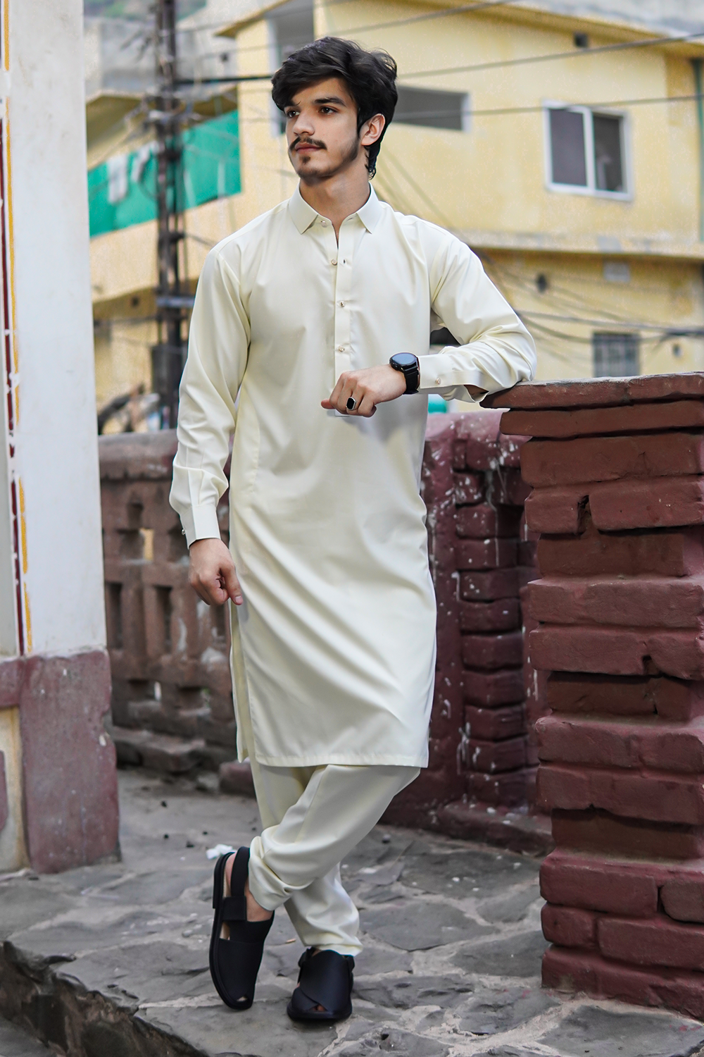 STITCHED SHALWAR WITH KAMEEZ WITH COLLAR - BEIGE DN-0013