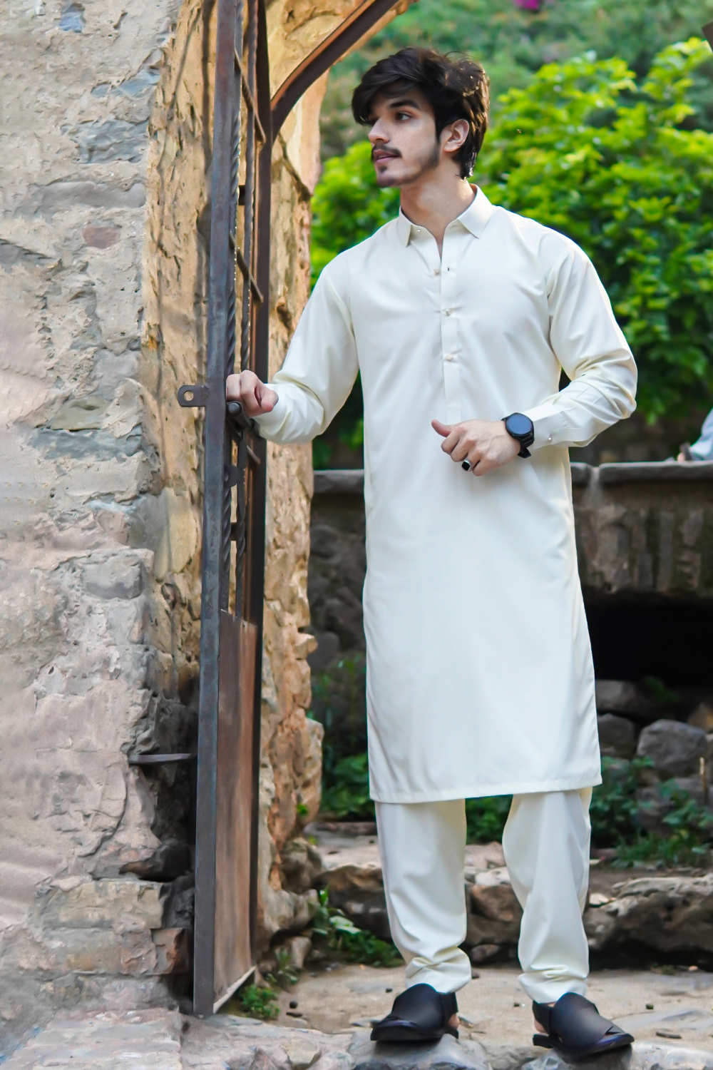 STITCHED SHALWAR WITH KAMEEZ WITH COLLAR - BEIGE DN-0013