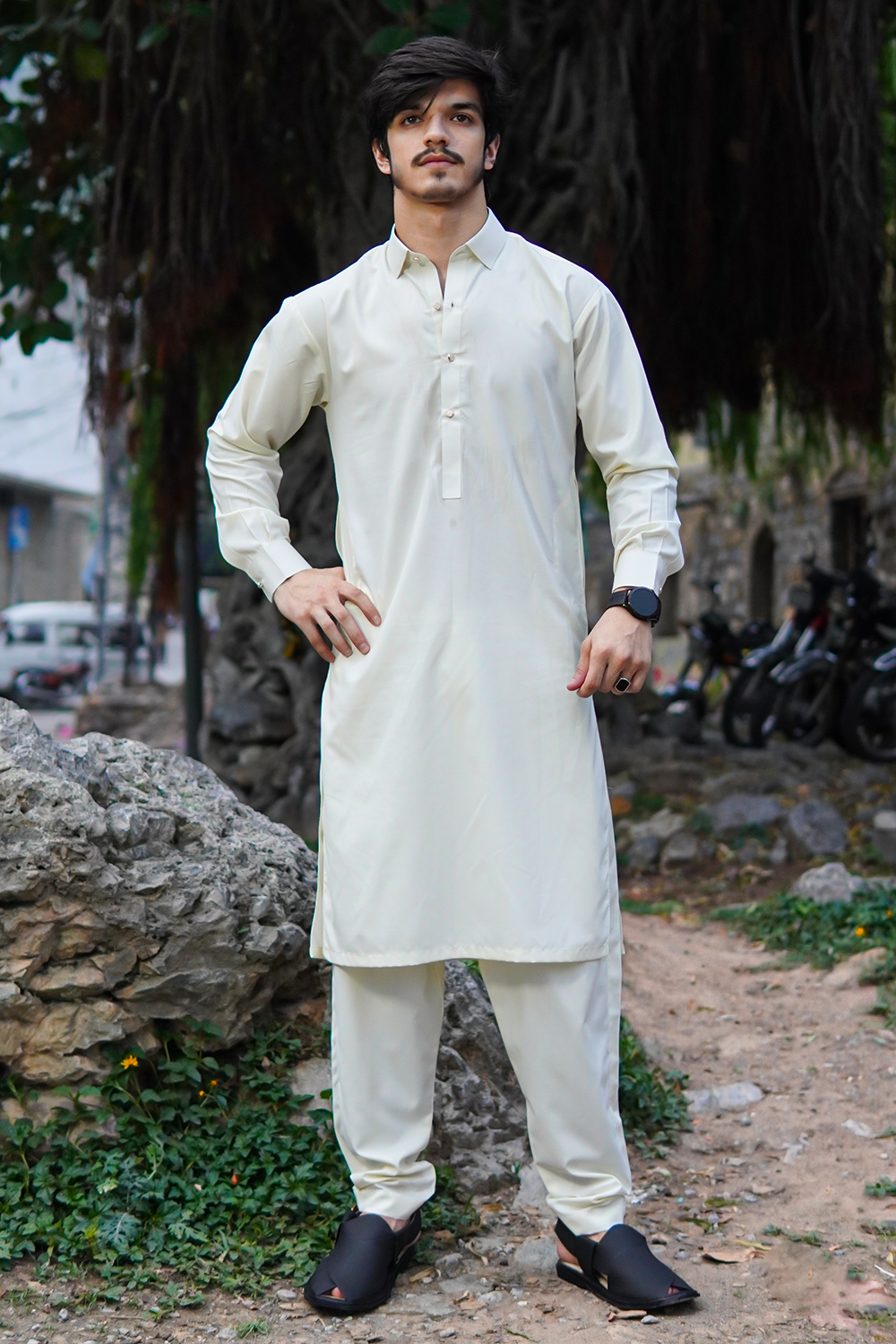 STITCHED SHALWAR WITH KAMEEZ WITH COLLAR - BEIGE DN-0013