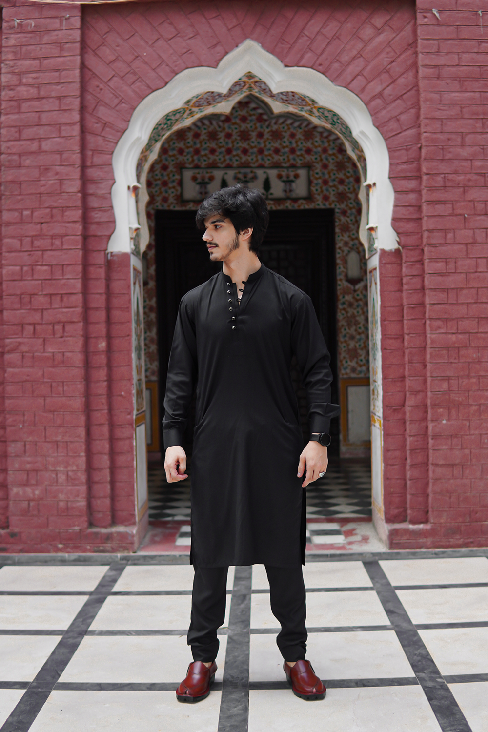 STITCHED KURTA WITH SHALWAR BAN- BLACK DN-001