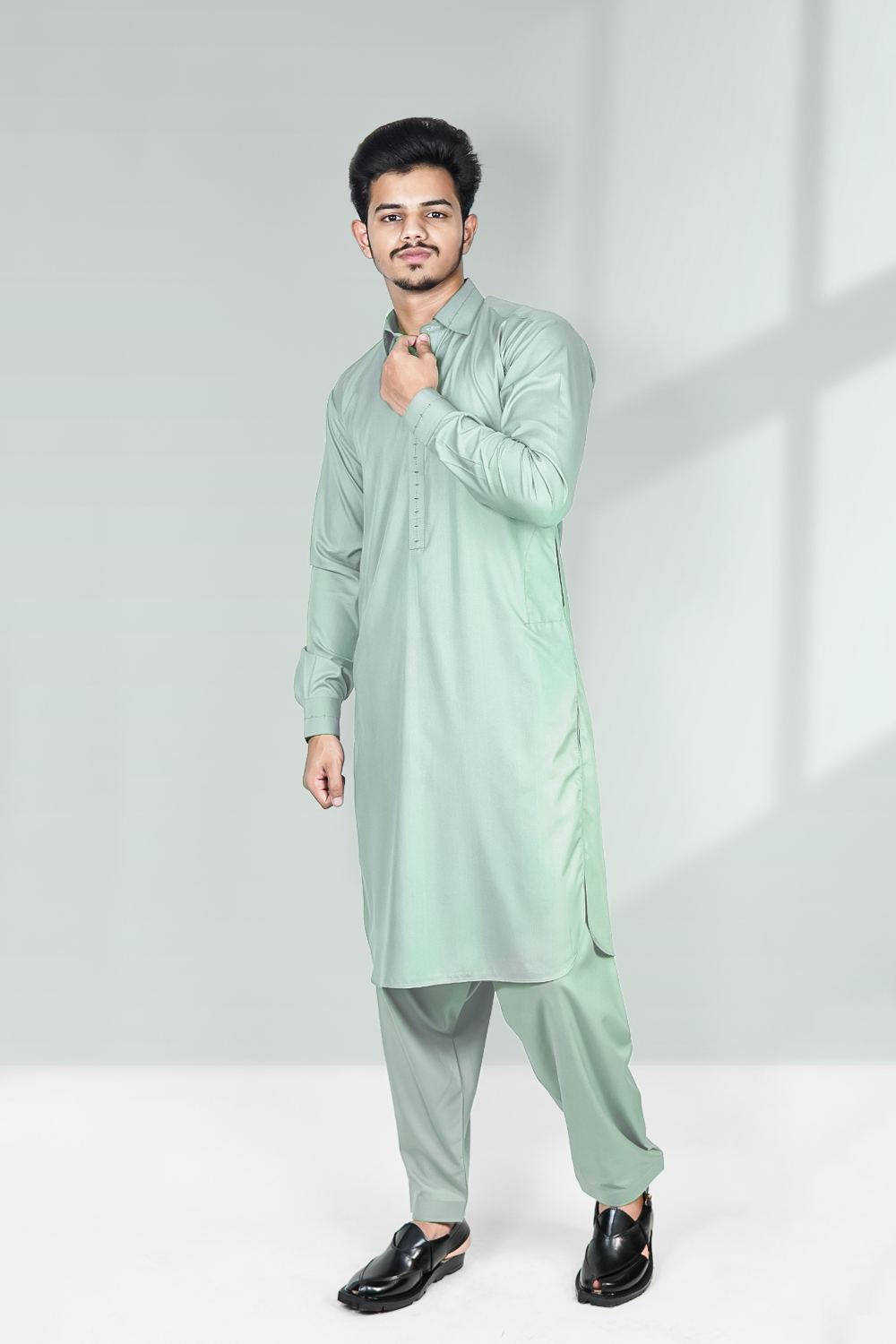 STITCHED SHALWAR WITH KAMEEZ WITH COLLAR - SAGE GREEN DN-0015