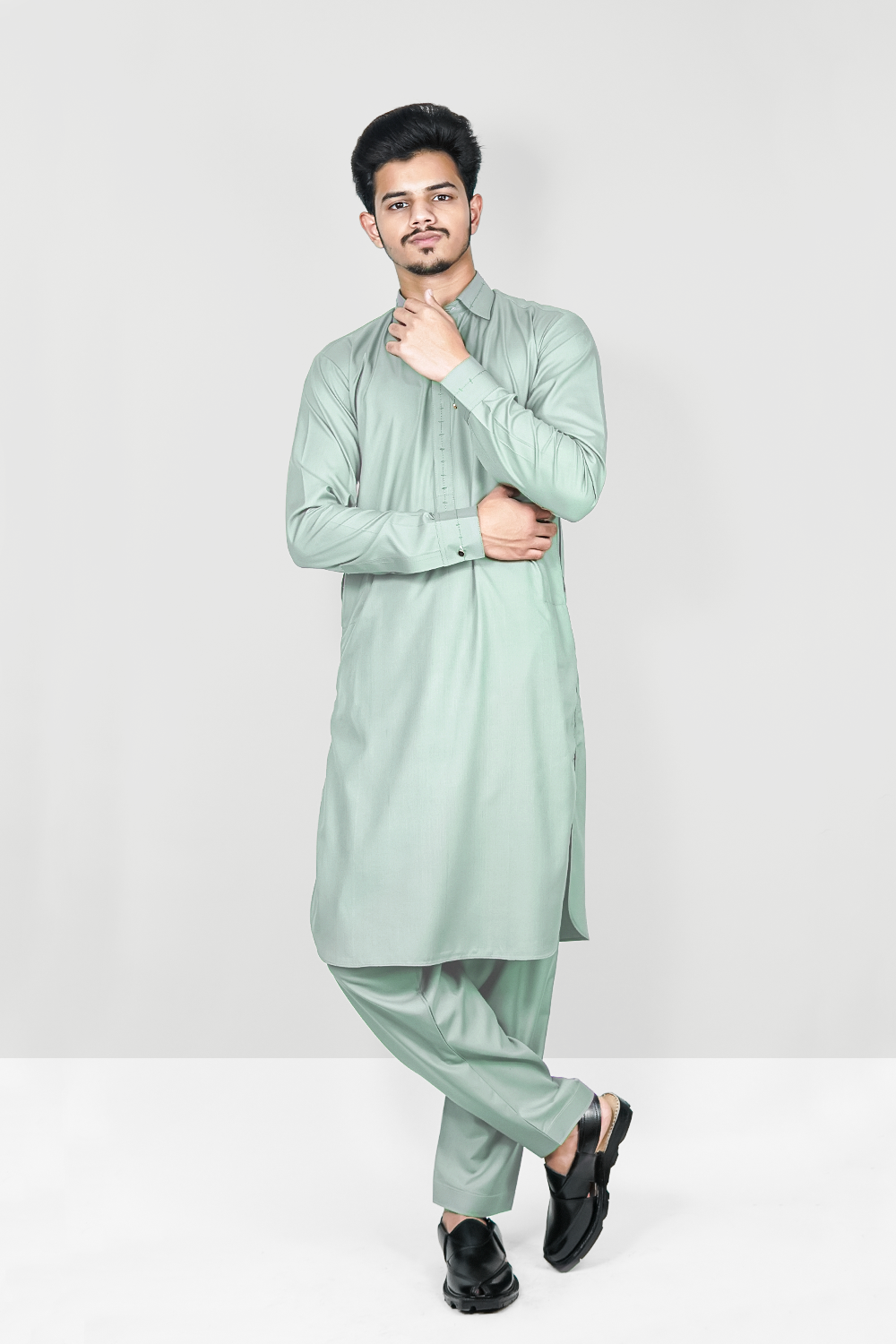 STITCHED SHALWAR WITH KAMEEZ WITH COLLAR - SAGE GREEN DN-0015