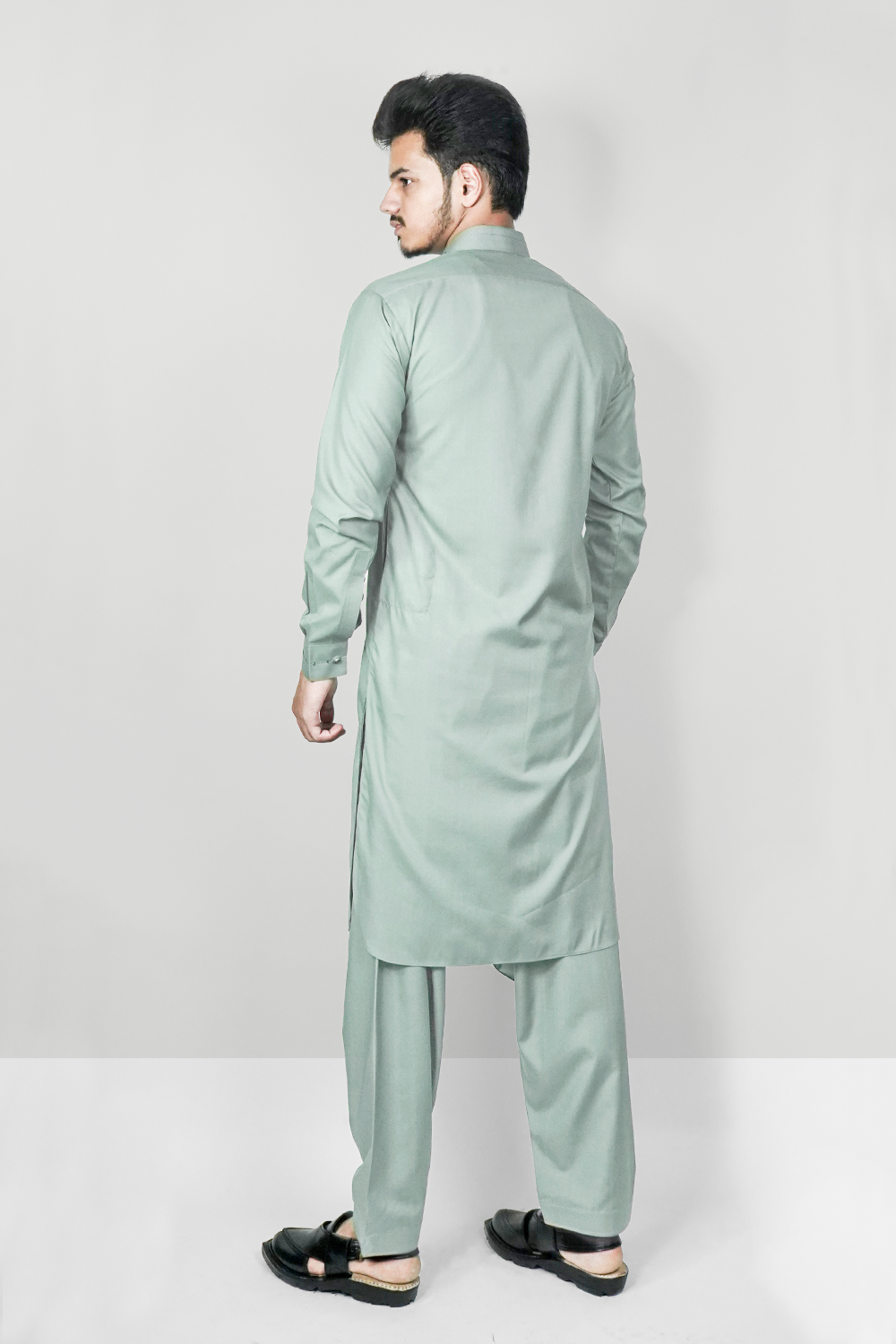 STITCHED SHALWAR WITH KAMEEZ WITH COLLAR - SAGE GREEN DN-0015