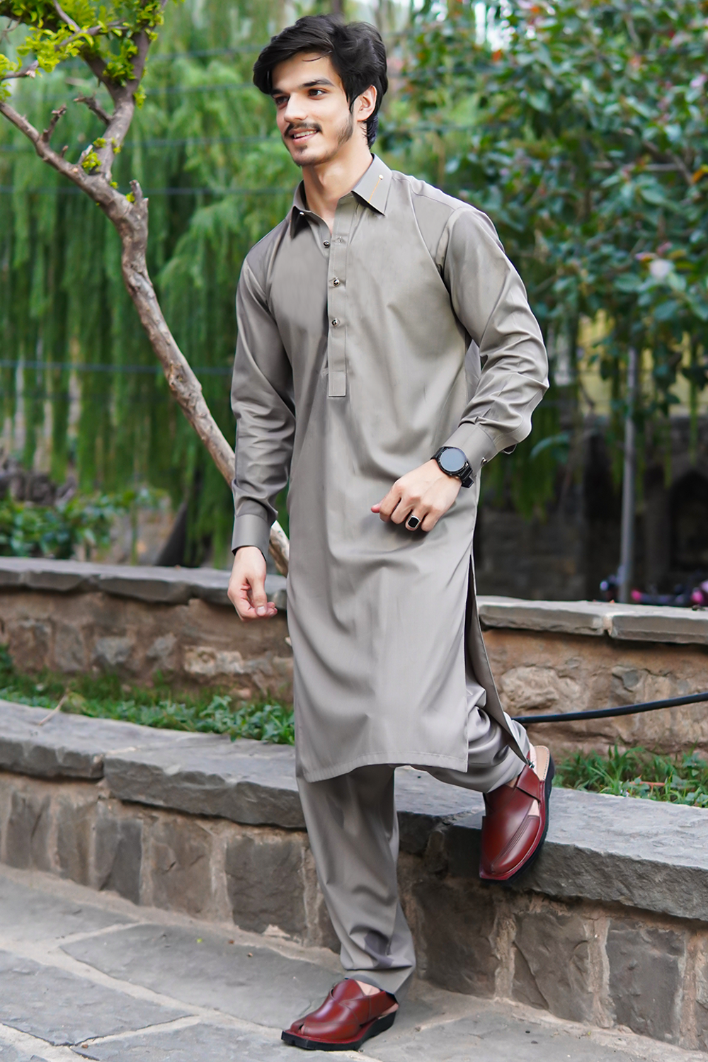 STITCHED SHALWAR WITH KAMEEZ WITH COLLAR YELLOW STRIP -GREY DN-0016