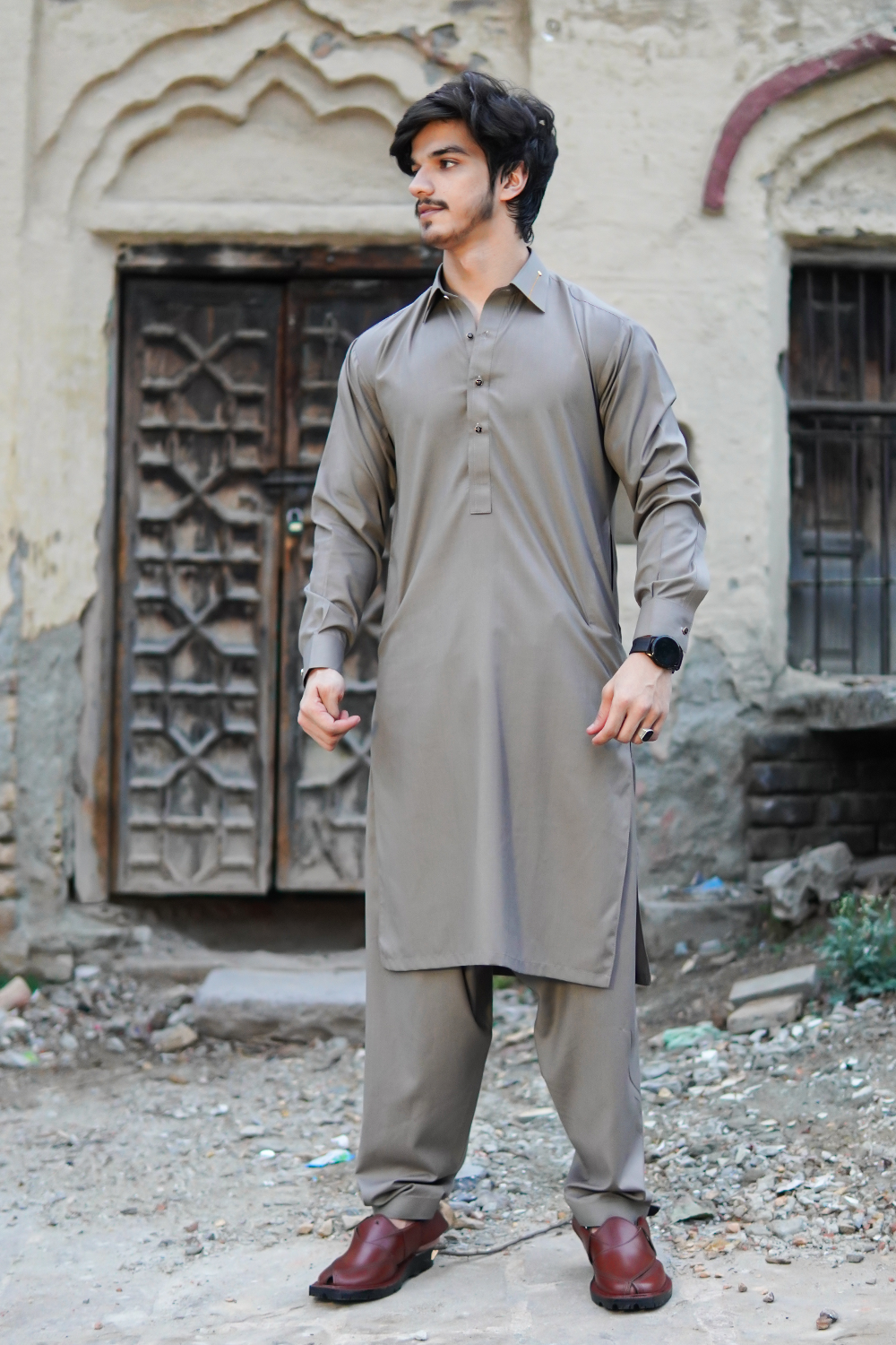 STITCHED SHALWAR WITH KAMEEZ WITH COLLAR YELLOW STRIP -GREY DN-0016