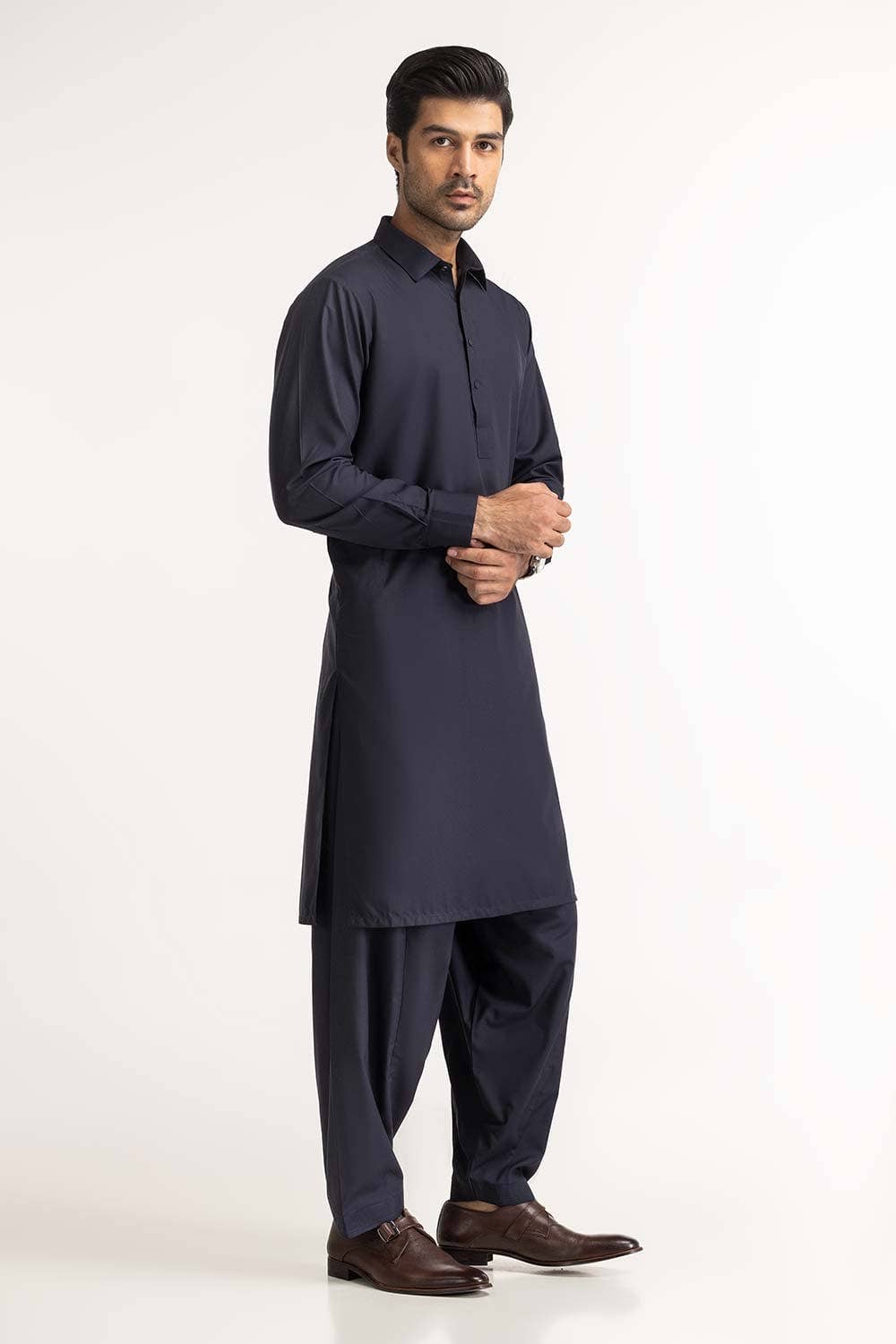 STITCHED KURTA WITH SHALWAR WITH COLLAR - NAVY BLUE DN-007