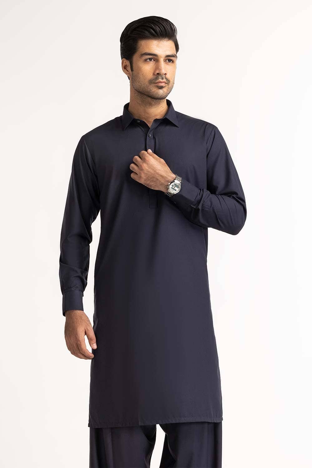 STITCHED KURTA WITH SHALWAR WITH COLLAR - NAVY BLUE DN-007