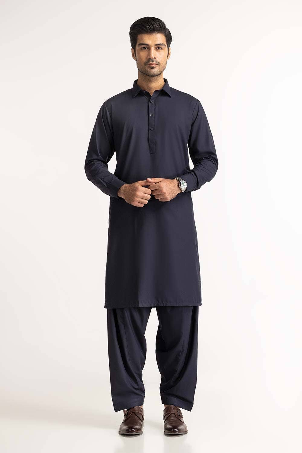 STITCHED KURTA WITH SHALWAR WITH COLLAR - NAVY BLUE DN-007