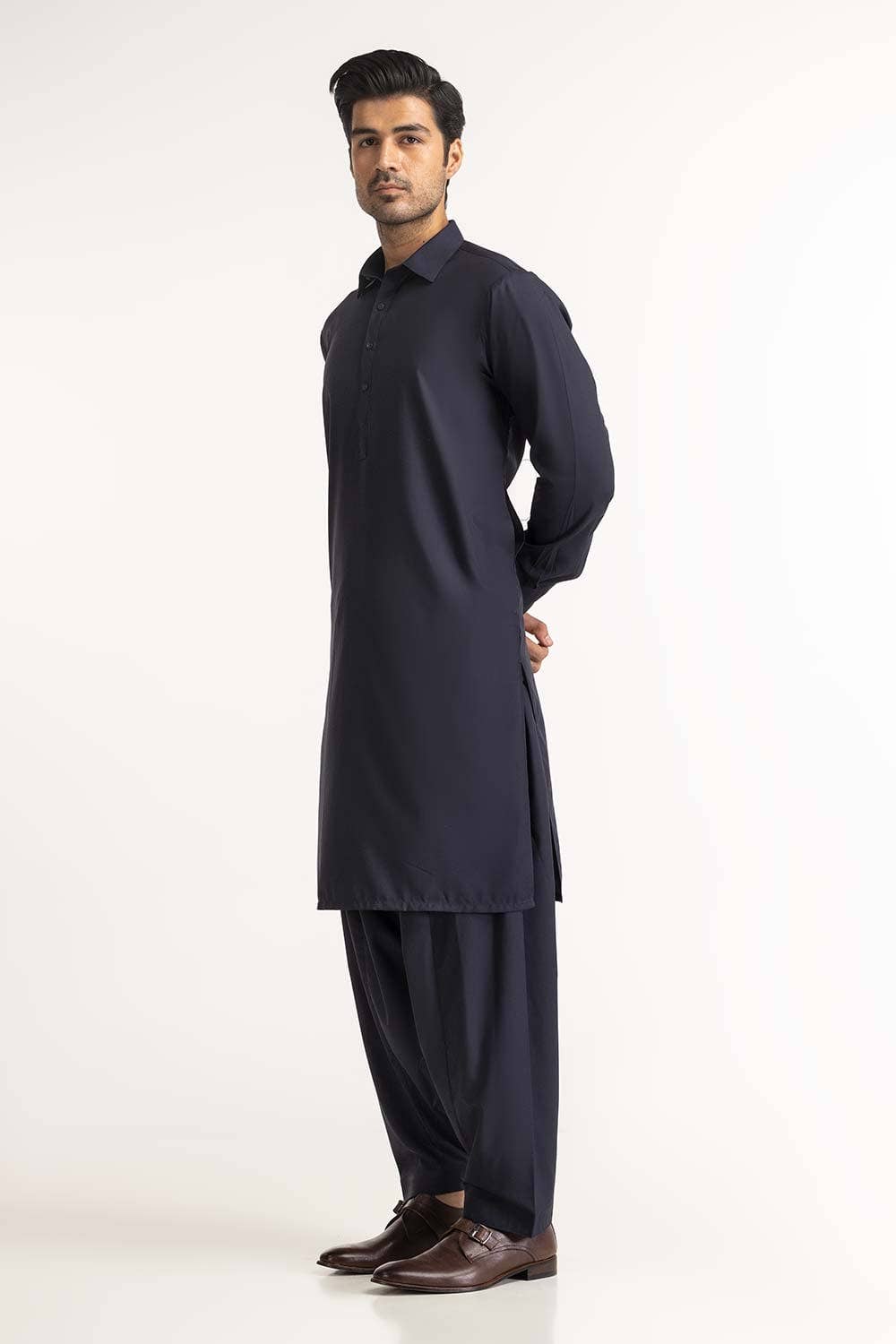 STITCHED KURTA WITH SHALWAR WITH COLLAR - NAVY BLUE DN-007