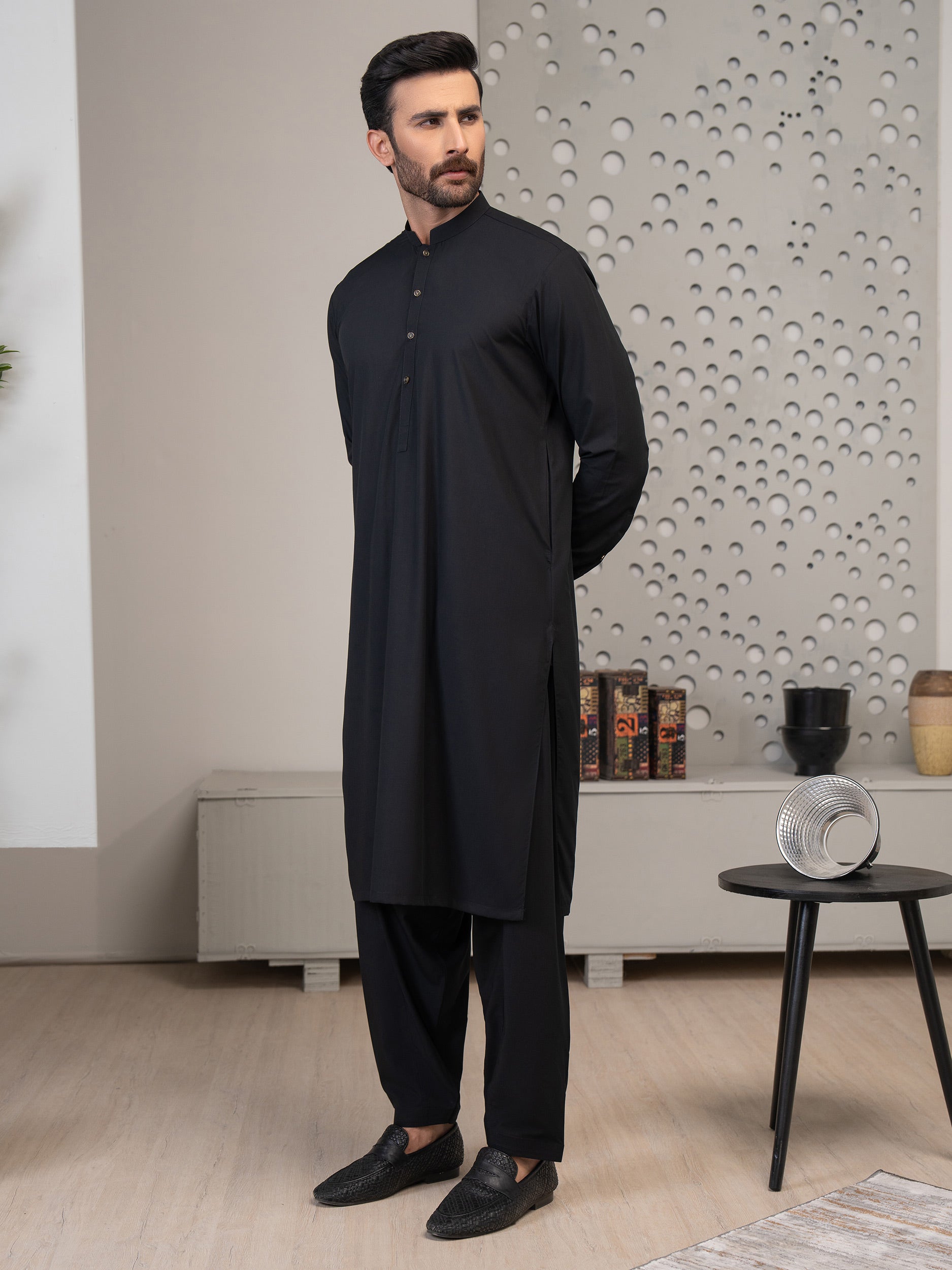 STITCHED KURTA WITH SHALWAR BAN- ELEGENT BLACK DN-002