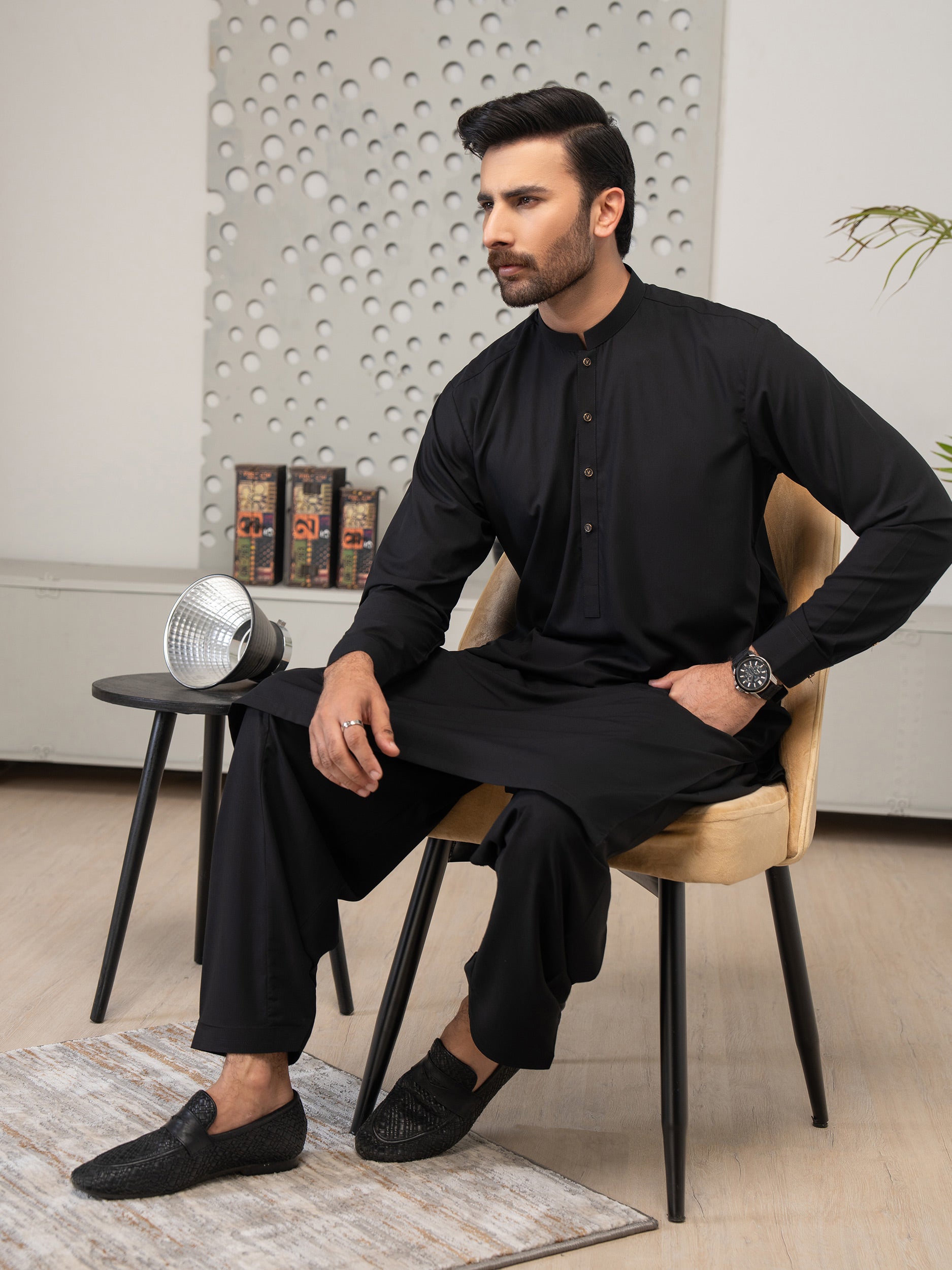 STITCHED KURTA WITH SHALWAR BAN- ELEGENT BLACK DN-002